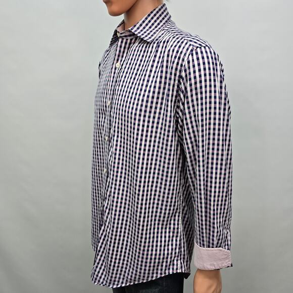 JOHNSTON & MURPHY Dress Shirt Sz M Tailored fit Contrast Flip Cuff Gingham check - Picture 8 of 13